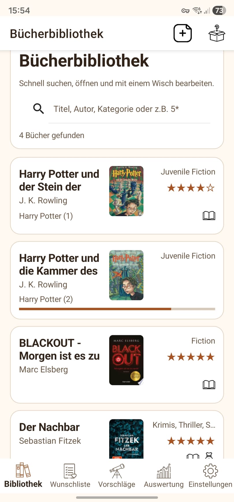 Bibliotheksansicht der Booky-Android-App