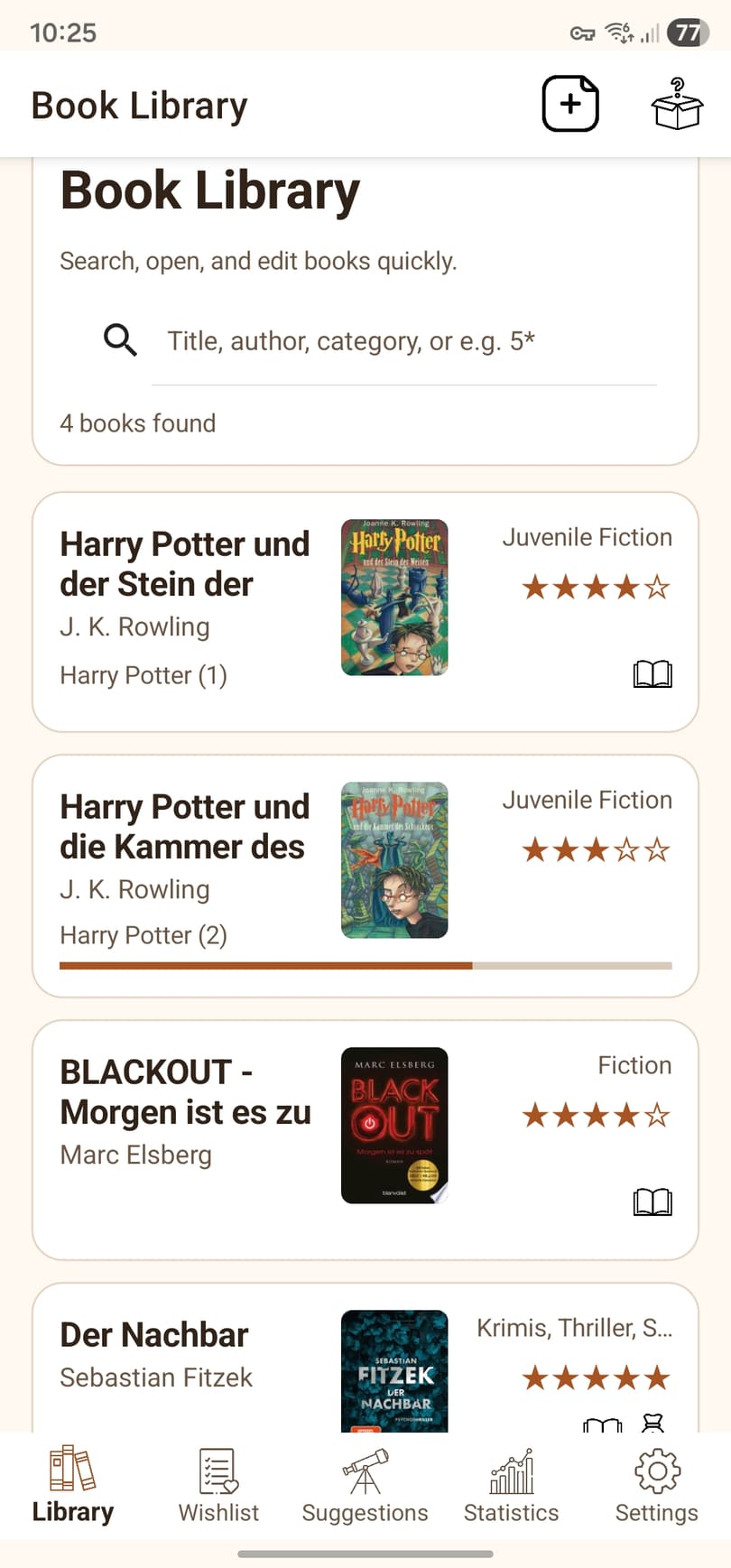 Library view of the Booky Android app in English